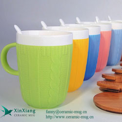 Relief Glazed Ceramic mugs with Spoon