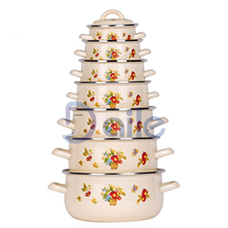 enamel casserole set with decal and cream color 