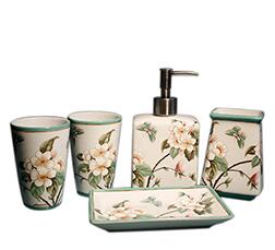 Chinese traditional pastel porcelain flower bird pattern ceramic 5-piece bathroom accessories set 