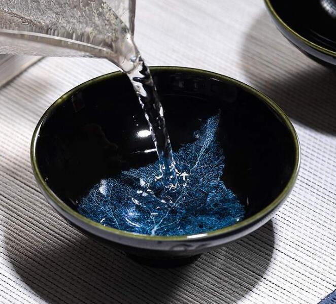 Jingdezhen ice blue wood leaf Tianmu cup hand painted tea set