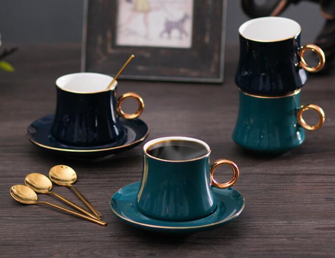 Afternoon tea cup retro dark green coffee cup with golden edge