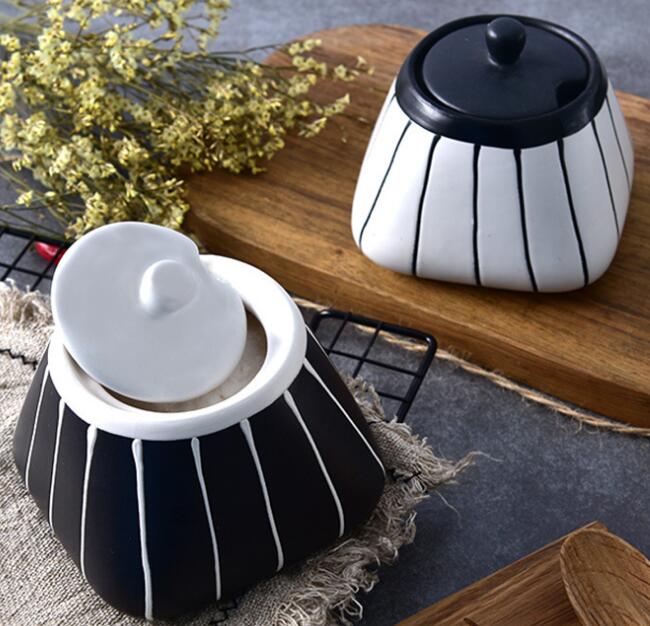 Japanese hand painted black and white seasoning pot set