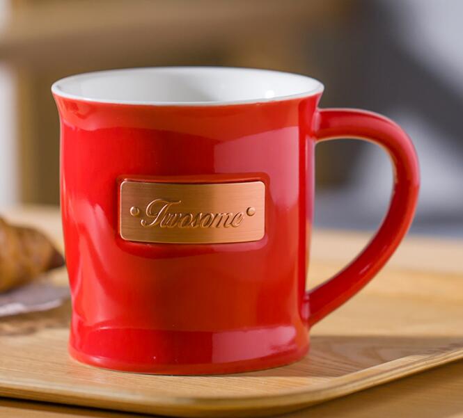 Large coffee ceramic cup inlaid with copper slice carved relief