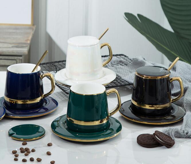Coffee milk cup set creative ceramic cup with lidand spoon