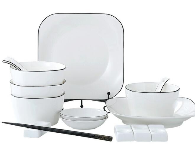 Ceramic bowl, dish, suit, black line, square underglaze color tableware
