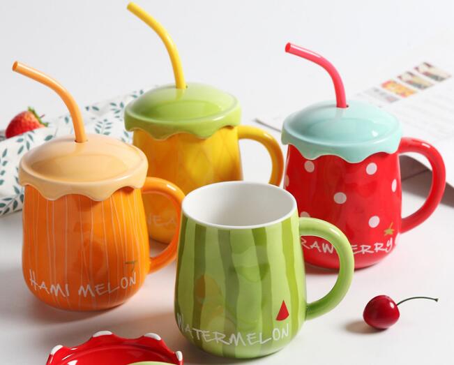 Fruit ceramic cup strawberry watermelon pineapple mug with spoon