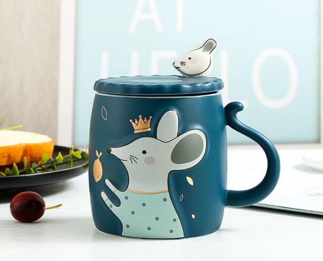 Cartoon relief mouse spoon with lid ceramic cup color glaze Mug