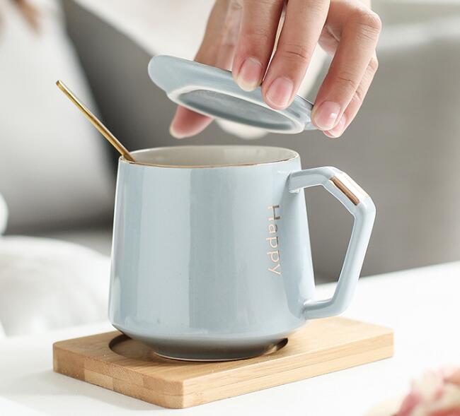 Ceramic solid coffee cup with cover spoon