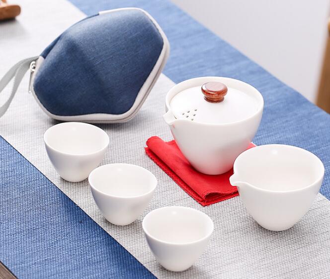 White porcelain covered bowl travel tea set