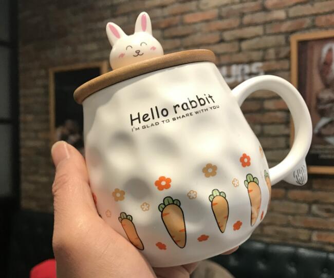 Korean Version cute rogue rabbit ceramic cup mug with spoon cover