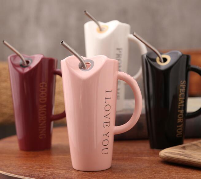 Popular 480ml creative ceramic cup new type mug with straw