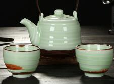Ceramic tea set, one pot and two cups of Longquan celadon tea set