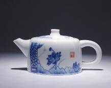 Ceramic hand-painted blue and white teapot and tea set
