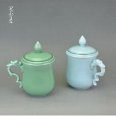 Ceramic cup with cover, blue porcelain tea cup, Longquan
