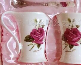 Big ear cup, 2 cups, 2 spoons, purple rose
