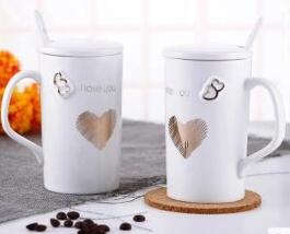 Ceramic cup with cover spoon couple cup